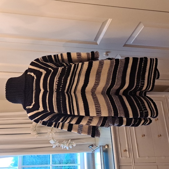 Calypso St. Barth Womens Funnel Neck Pullover Black/Cream Striped Arm Poncho OS - Picture 3 of 8